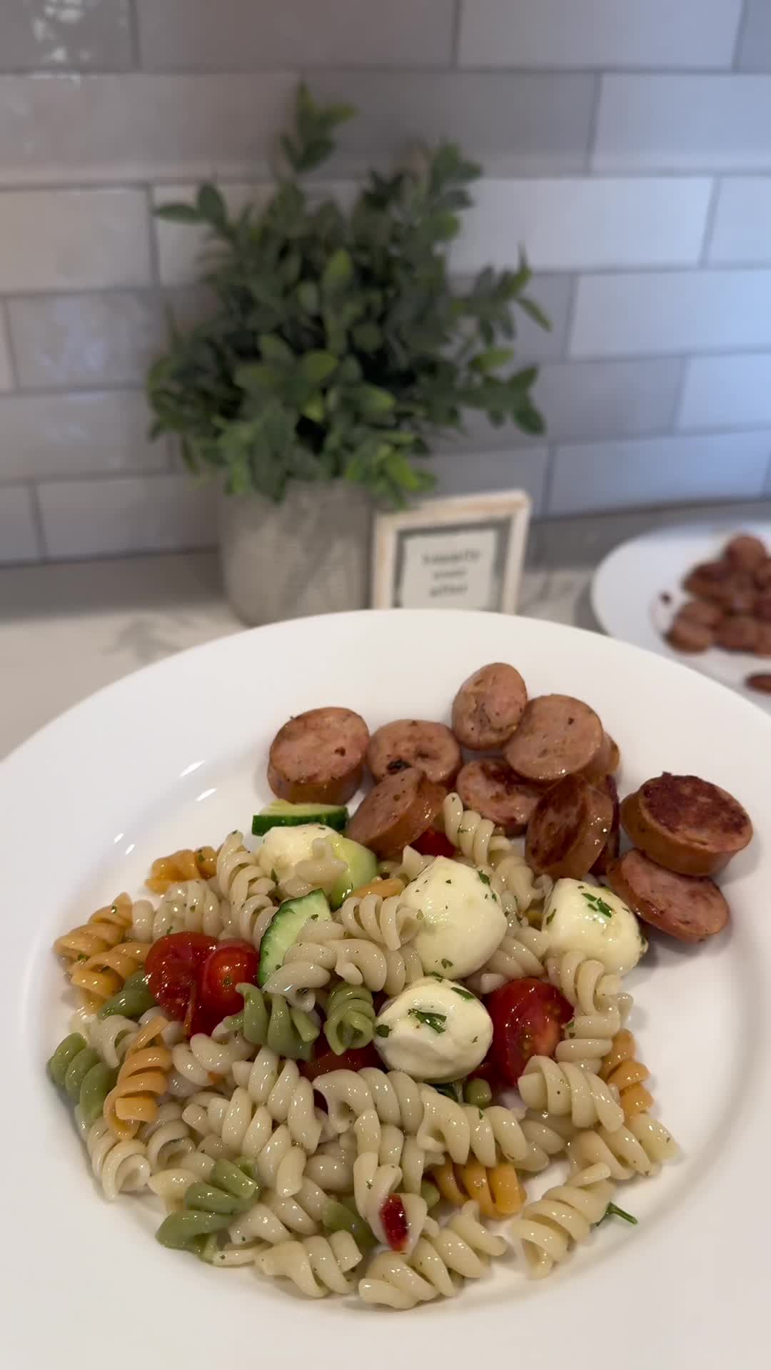 Italian Pasta Salad with Mozzarella Balls + Grilled Chicken Sausage