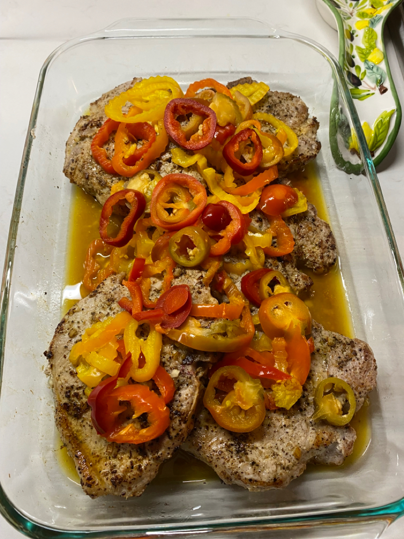Garlic butter pork chops w vinegar peppers