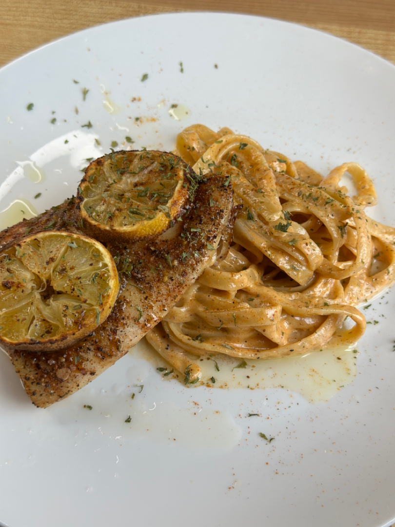 Baked fish and creamy pasta
