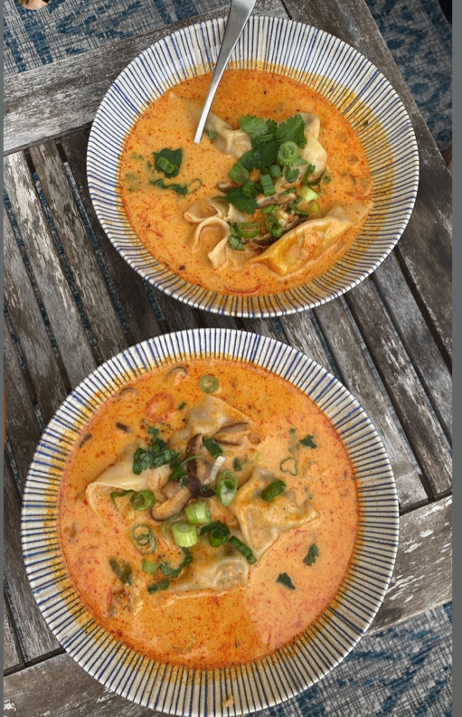 Shrimp Dumplings in Red Curry Broth