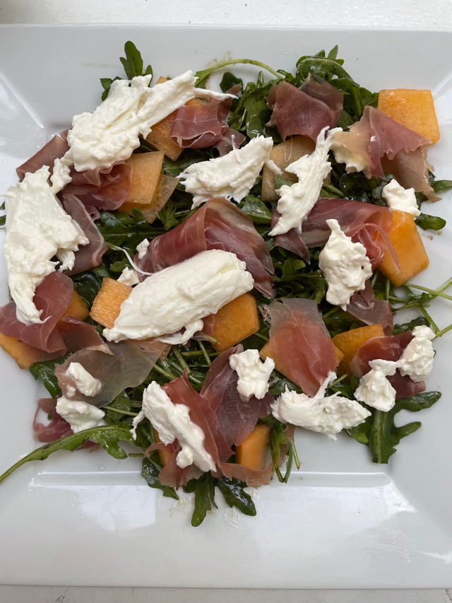 arugula salad w melon prosciutto & burrata