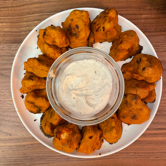 Buffalo cauliflower wings with garlic dip