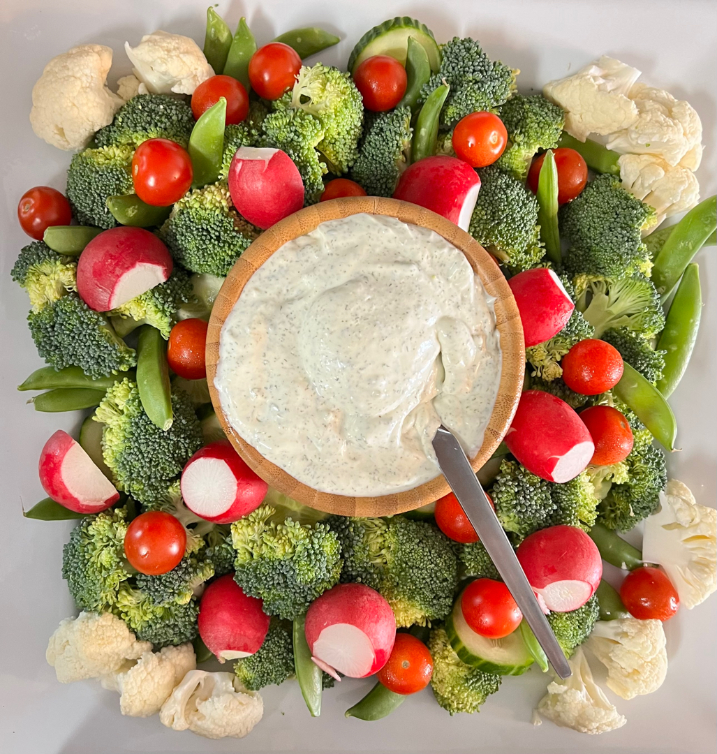 Veggie tray wreath with garlicky ranch dip
