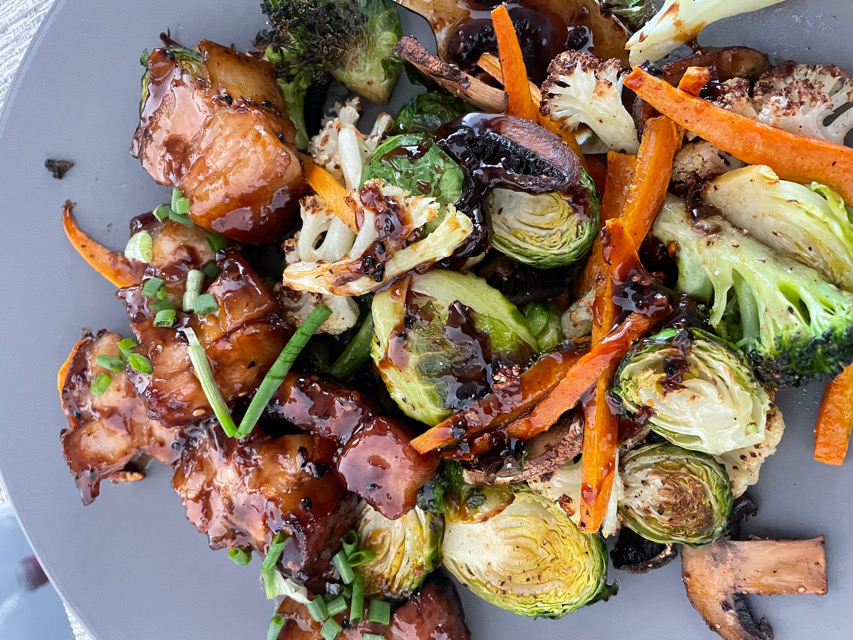 Sticky pork belly and rosted veggies