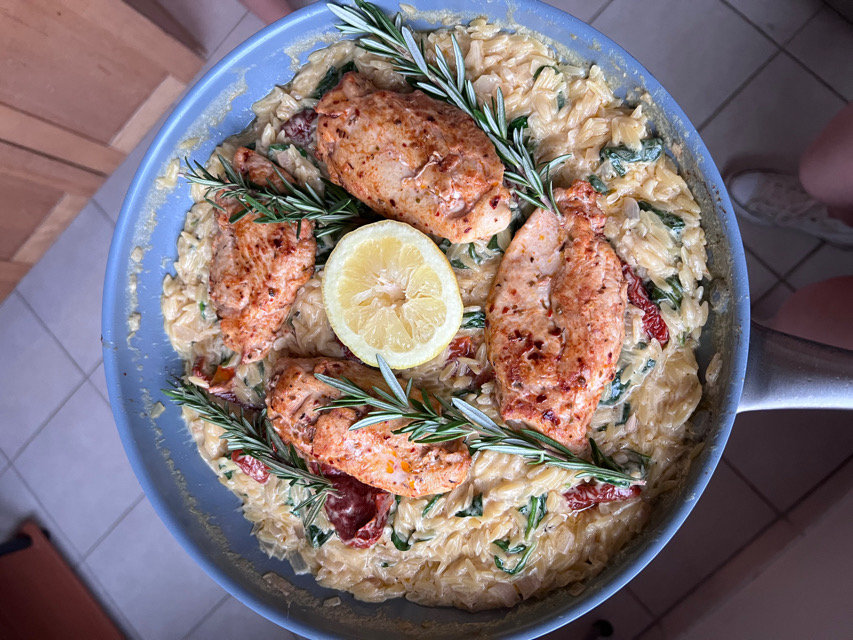 One Pot Sun-Dried Tomato Chicken & Orzo