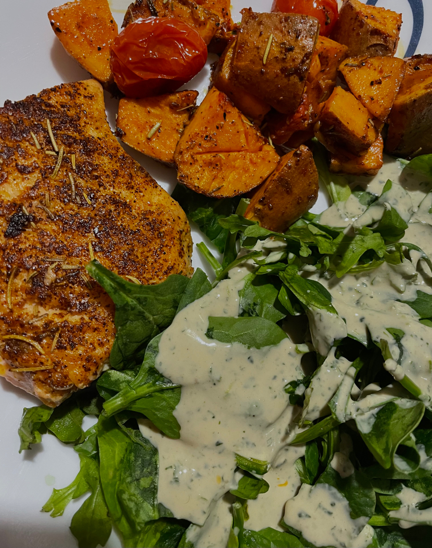 Cajun Salmon w/ a side salad + potatoes 🌶️
