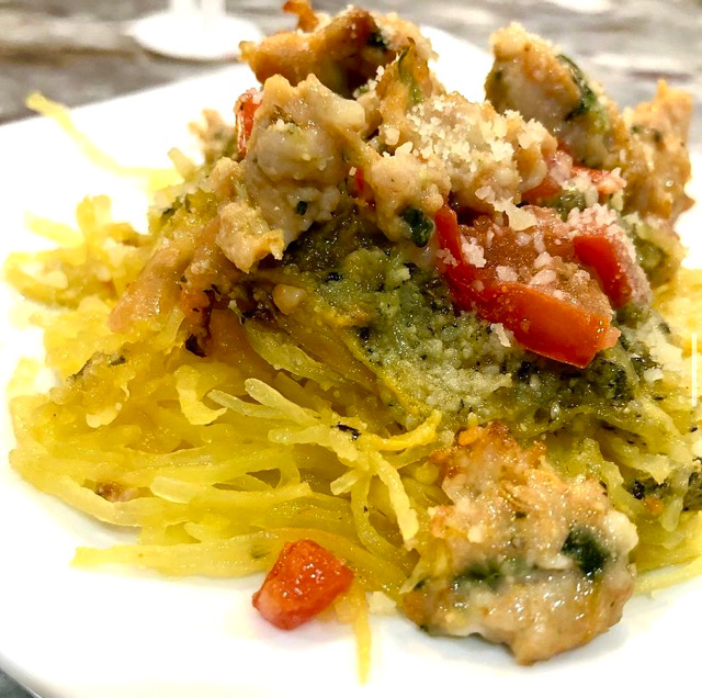 PESTO & SAUSAGE SPAGHETTI SQUASH CASSEROLE
