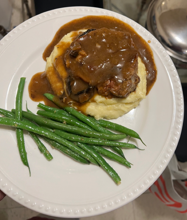 Smothered Pork chops with mushroom gravy.