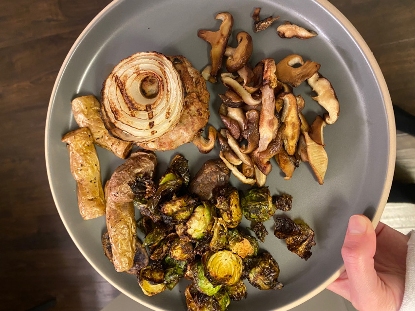 Ground turkey burger, shrooms, Brussels