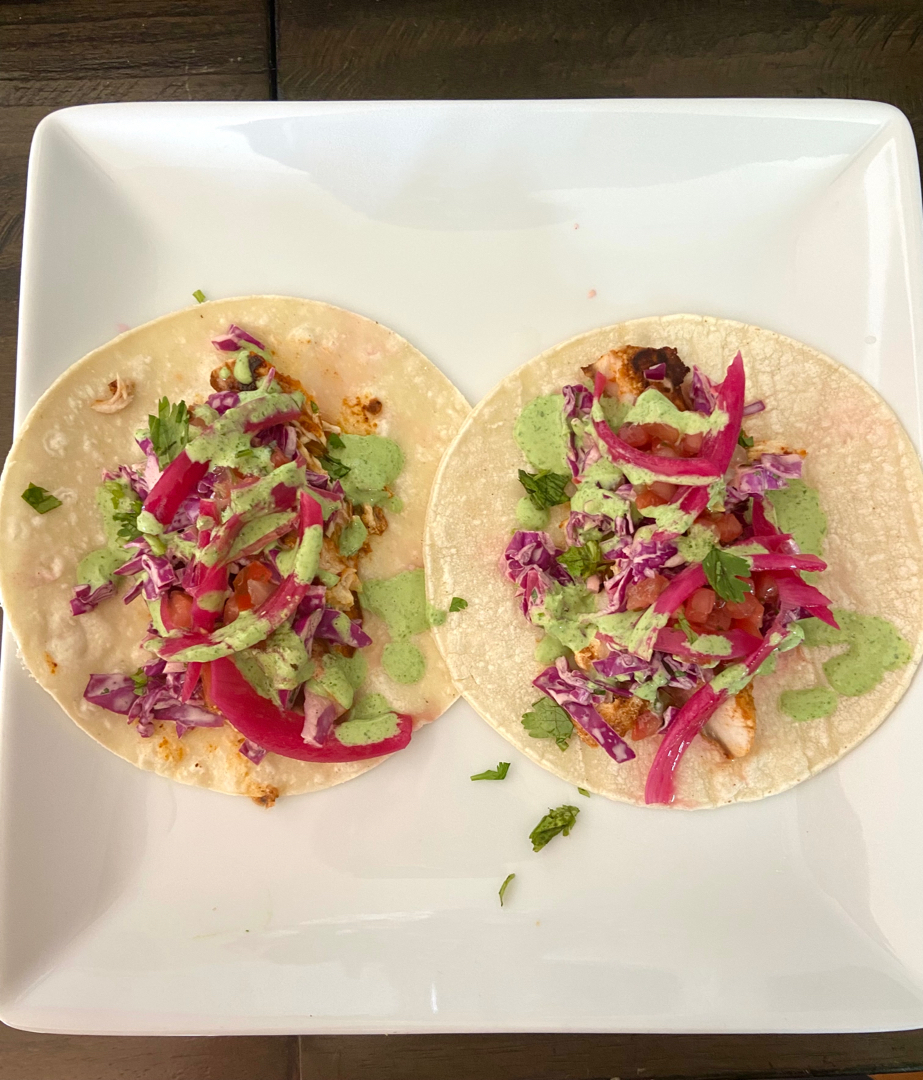 fish tacos w/ creamy slaw + cilantro sauce