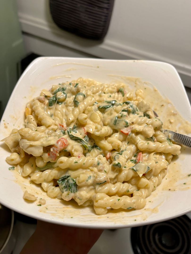 Spinach Artichoke Pasta with Crawfish tail