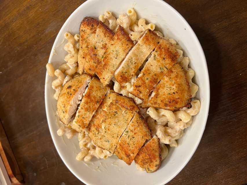 Chicken cutlet over Banza pasta