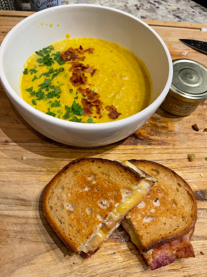 Roasted cauliflower soup + smoked bacon GC