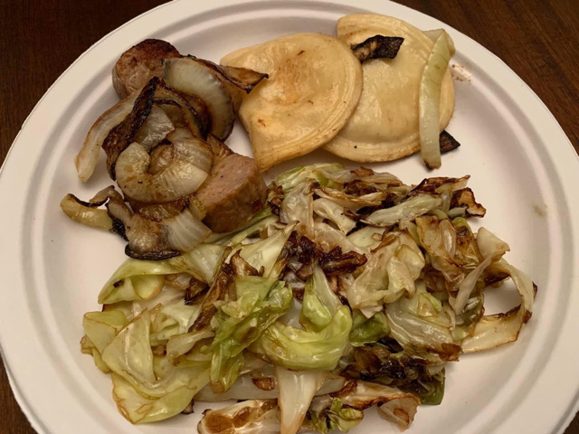 Fried cabbage, Pierogies, Sausage