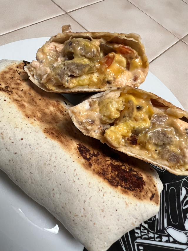Creamy breakfast burritos. 