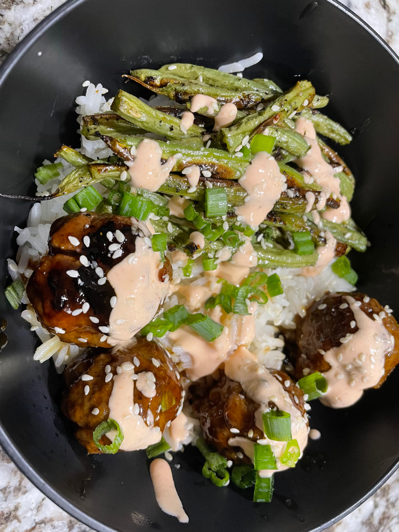 Bulgogi meatballs jasmine rice green beans