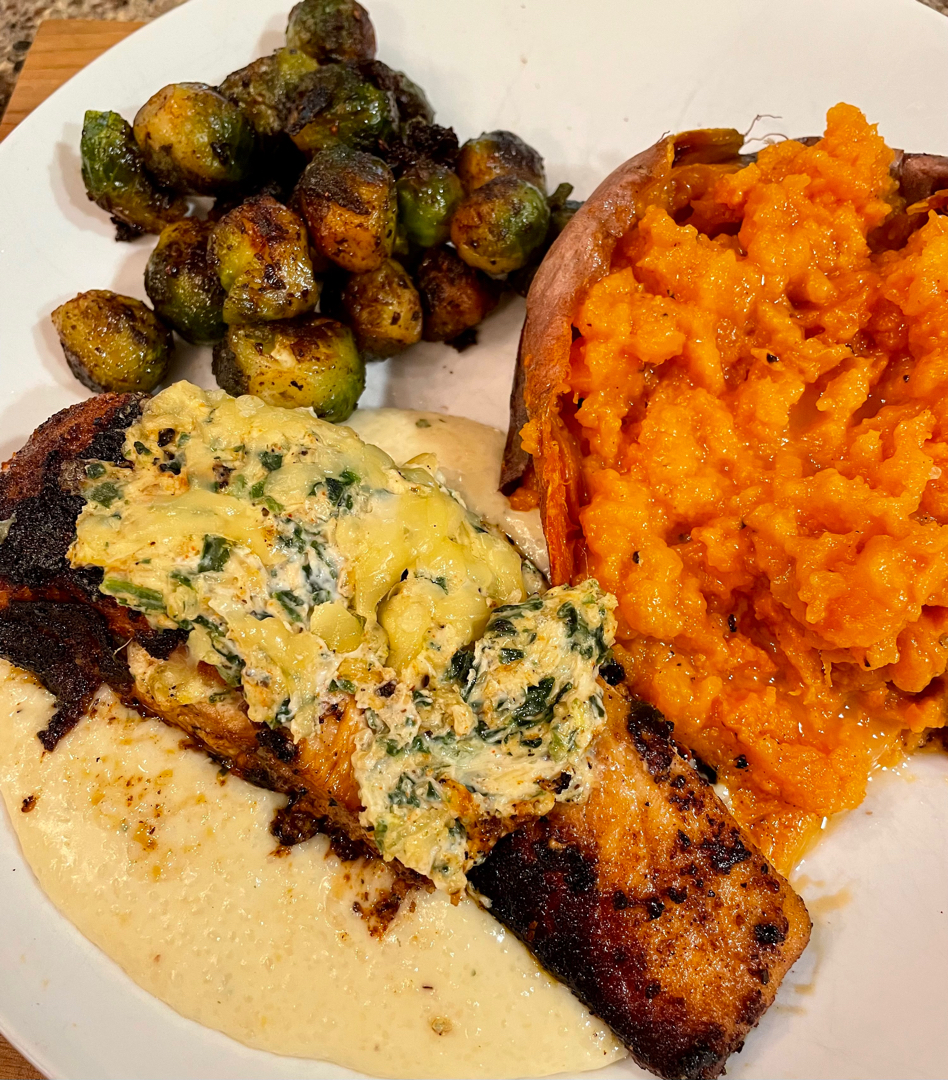 Stuffed Salmon on Gouda Grits