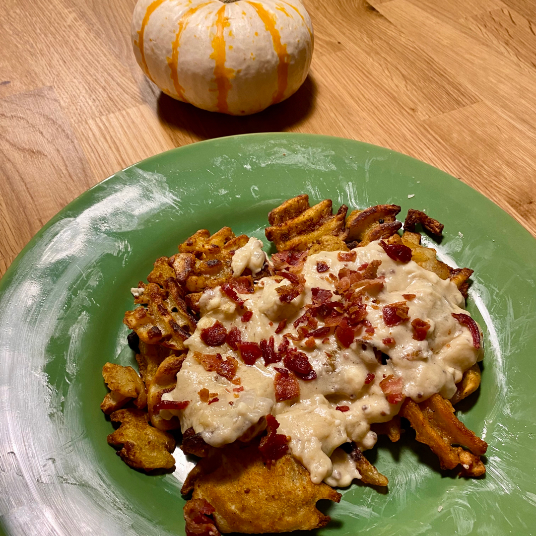 One serving beer cheese fries
