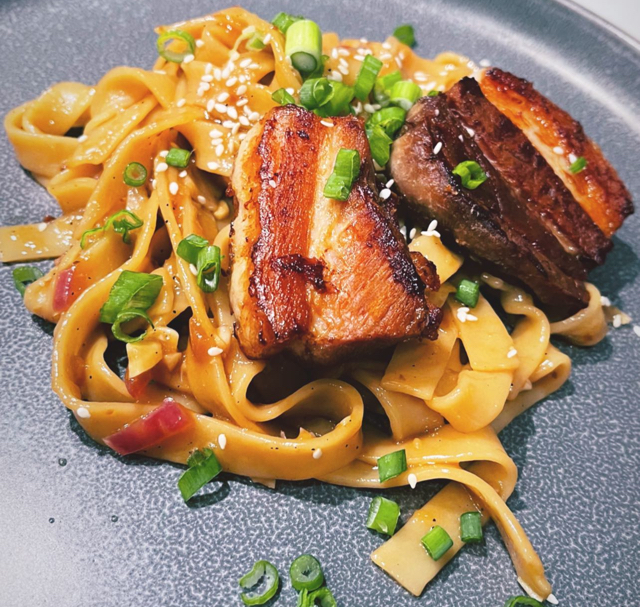 Garlic Noodles with Pork Belly