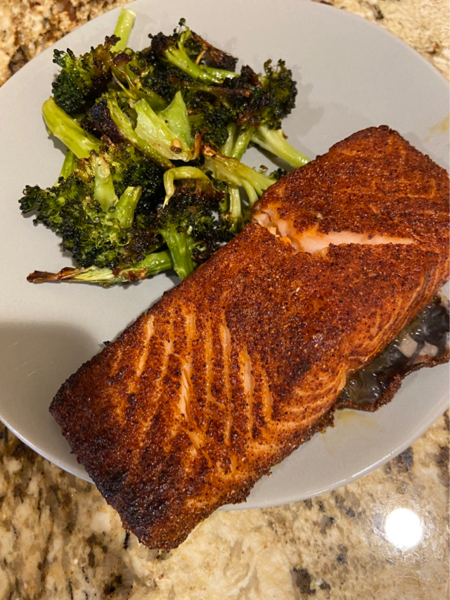 Air fryer salmon with burnt broccoli 