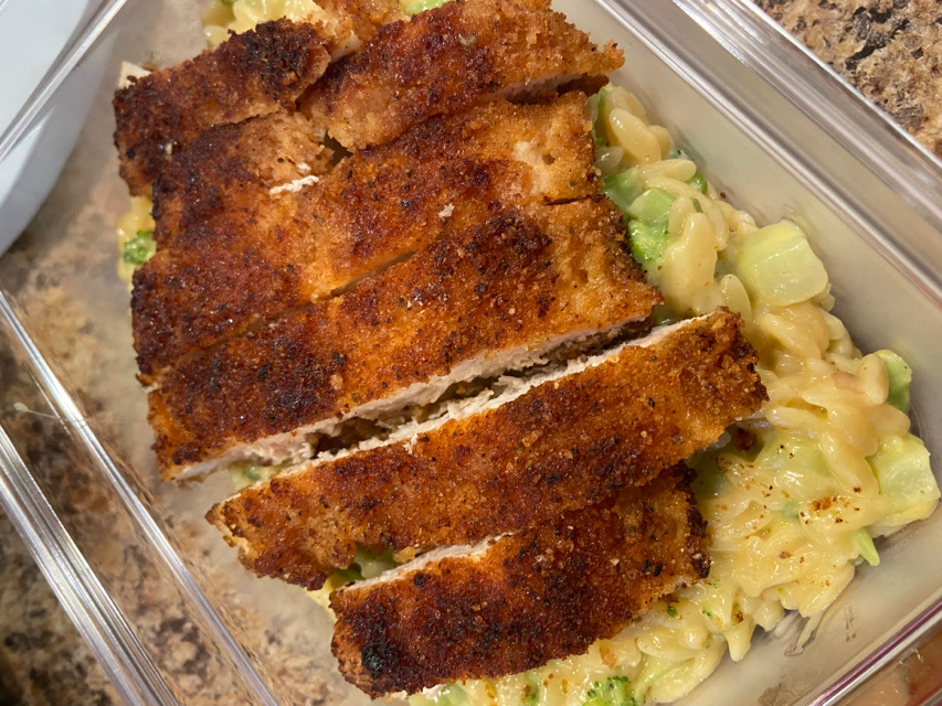 Breaded Chicken + Broccoli cheddar orzo