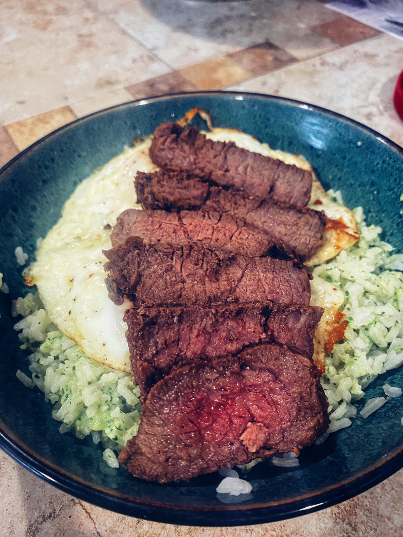 Steak, eggs and avocado cilantro lime rice