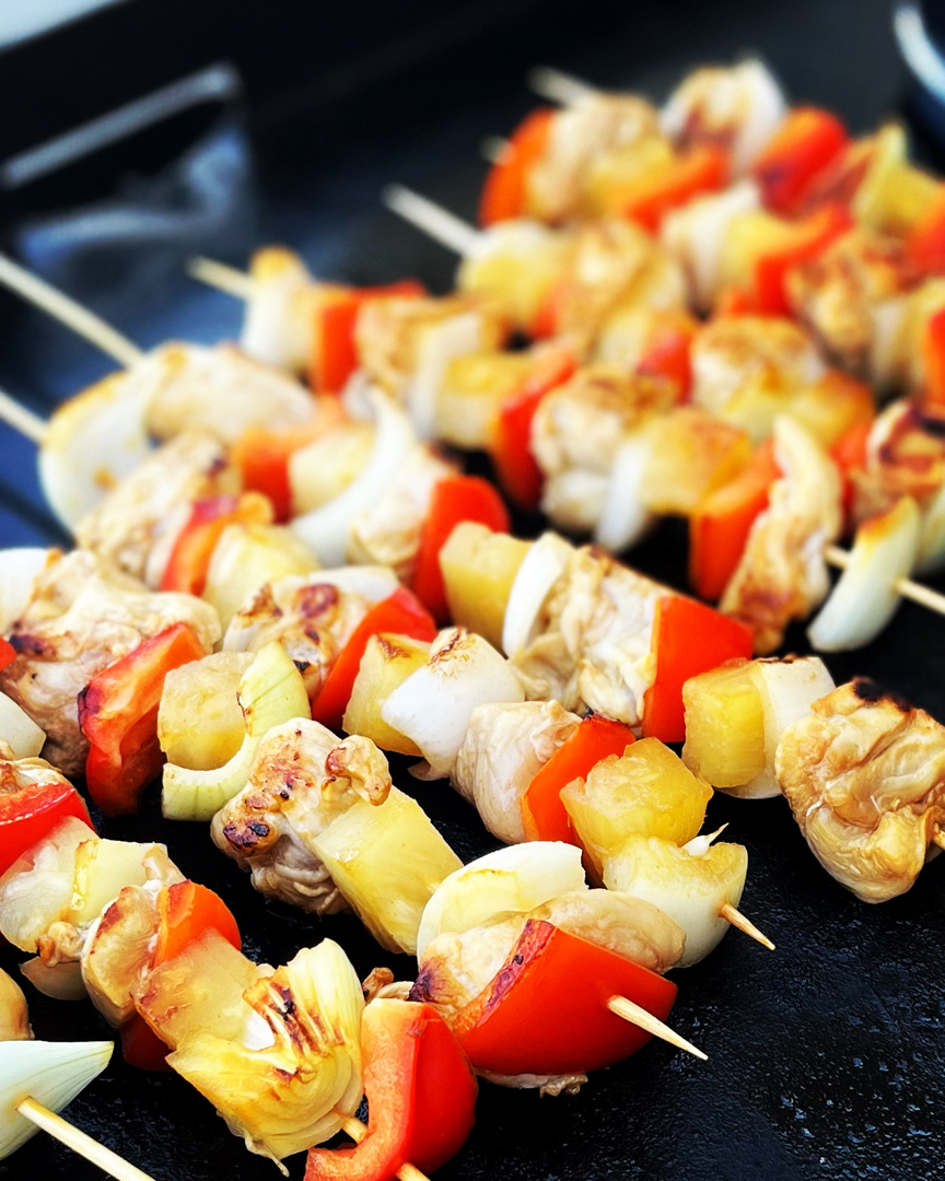 Hawaiian Chicken Kabobs with Home Fries