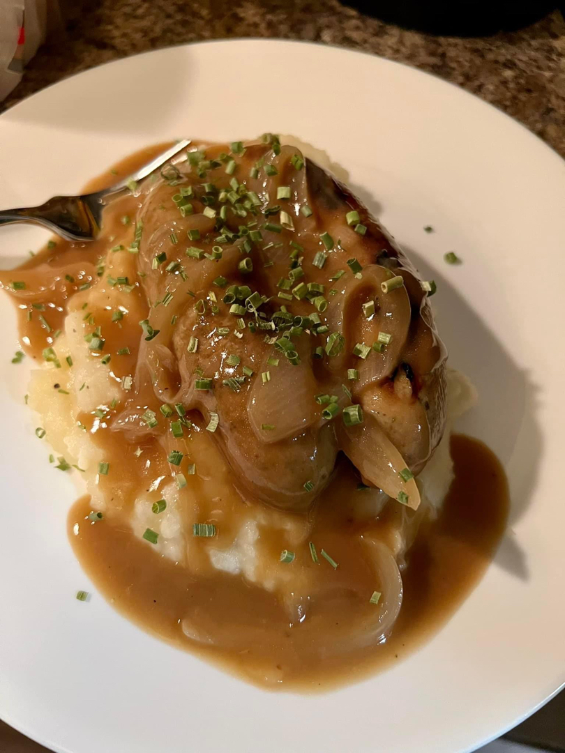 Bangers and Mash with Stout Onion Gravy